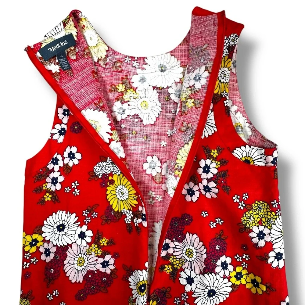 ModCloth Red Floral Sleeveless Shift Dress 100% Cotton Size L Shoulder Buttons